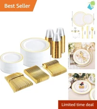 300PCS Gold Disposable Dinnerware Set for 50 Guests - Elegant Party Plates