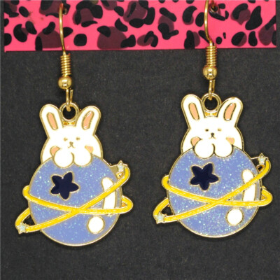 New Blue Enamel Cartoon Planet Rabbit Star Fashion Women Stand Earring Gifts