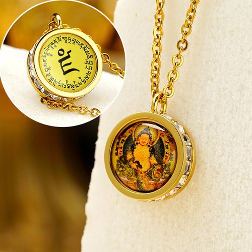 Round Pendant Tibetan Buddhist Shurangama Mantra Green Tara Amulet Necklace - Picture 5 of 11
