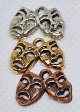 2 Pcs. Theatrical Happy Sad Masks Pendants Charms Cast Fine Pewter