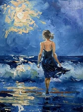 Moon night Woman Seascape LANDSCAPE. Sea, Dramatic Ocean. ORIGINAL OIL PAINTING.