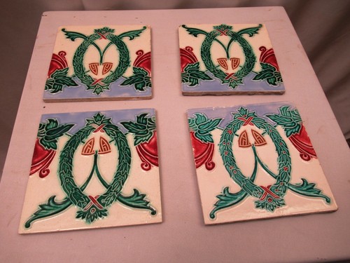 Piastrelle Antiche Art Nouveau Ghirlanda Fiori Foglia Design Porcellana 4 pz Lotto Vecchio""655 - Foto 4 di 7
