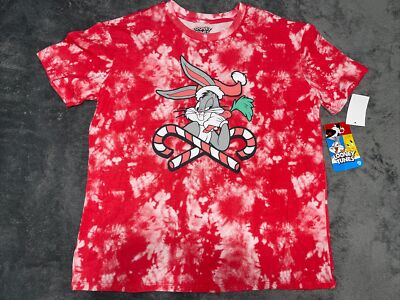 Christmas Women s Looney Tunes Bugs Bunny Short Sleeve T-Shirt Red Tie Dye