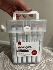 KING ART PRO 24 COLORS DOUBLE ENDED ART MARKERS IN CARRY CASE BRIGHT PALETTE
