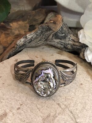 8. Vintage Navajo Sterling 925 Native American Abalone Shell Stamped Cuff