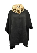 Cejon Womens Faux-Fur Leopard collar winter sweater Cape Poncho Black OSFM
