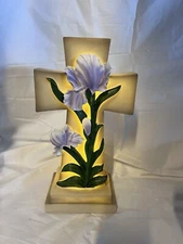 Illuminated Tabletop Inspirational Cross With Violet Floral Detail By Valerie