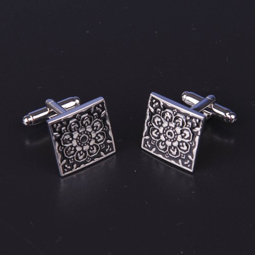 Square Silver Men's Cuff Links Men's Fashion Floral Blast Cufflinks Accessory GQ - Picture 2 of 2