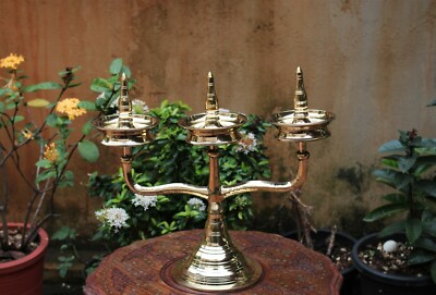 Antique Oil Wick Lamp Brass Temple Diya Three Branch Kavara