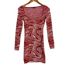 Zara Marble Long Sleeve Stretch Knit Sweetheart Bodycon Mini Dress S Red White