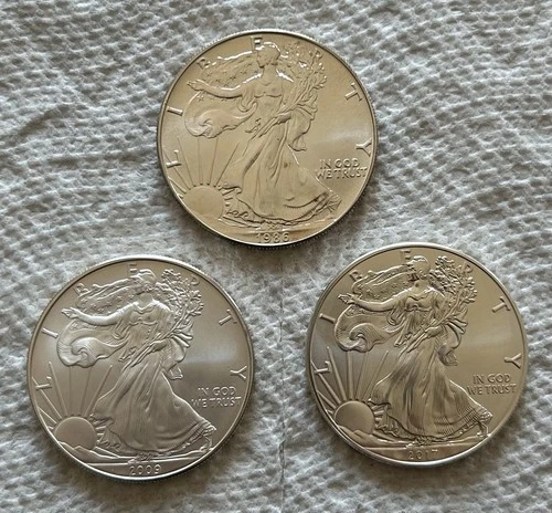 3 American Eagle $1 Silver Bullion Coins (1986; 2009; 2017)