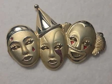 Vintage AJC Gold Tone Triple Clown Face Brooch Pin 3.5" Enamel Jester Circus BTD