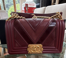 CHANEL Boy Small Burgundy Chevron Quilted Flap Bag Antique Gold Hardware