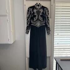 Vintage Oleg Cassini Black Tie Maxi Dress Womens 4 Black Beaded Embellished Silk