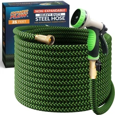 PowerFlow 25ft Stainless Steel Garden Hose w/Nozzle, Non-Expandable, Heavy Duty