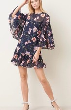 ELIZA J	Bell-sleeve Navy Floral Mini Dress Sz 10P NWT Flowy Light