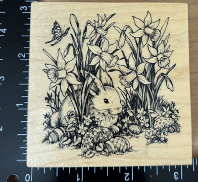 PSX Easter Bunny Eggs Flowers Butterfly G1946 Wood Mounted Rubber Stamp 1996 VTG