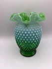 VTG 8” Fenton Lime Green Opalescent Hobnail Bud Vase Flared