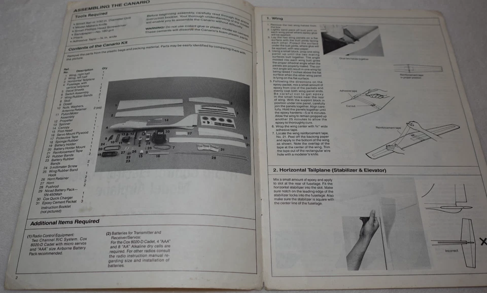 Canario Radio Control Electric Powered Model Airplane Cox Hobbies 1985 Manual - Image 2 of 4