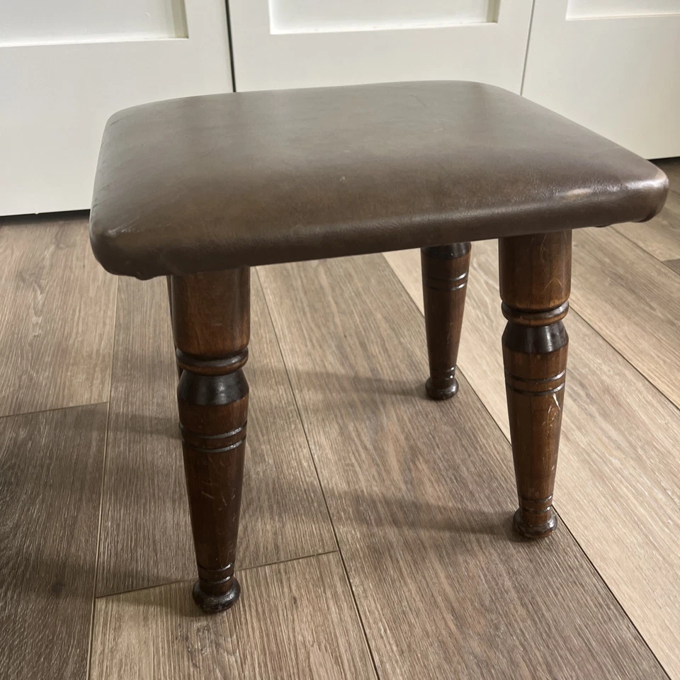 Vintage MCM FAUX LEATHER FOOTSTOOL Brown Ottoman Rectangle Hassock 11.5”H x 12”W - image 2 of 4