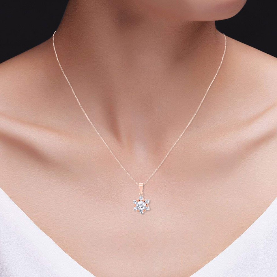 1ct Lab Created Moissanite Snowflake Pendant 18" Necklace 14K Rose Gold