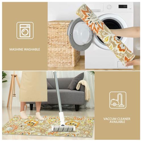  Kitchen Rugs Set of 3 Boho Floral Kitchen 20"x32"+20"x32"+20"x47" Light Tan