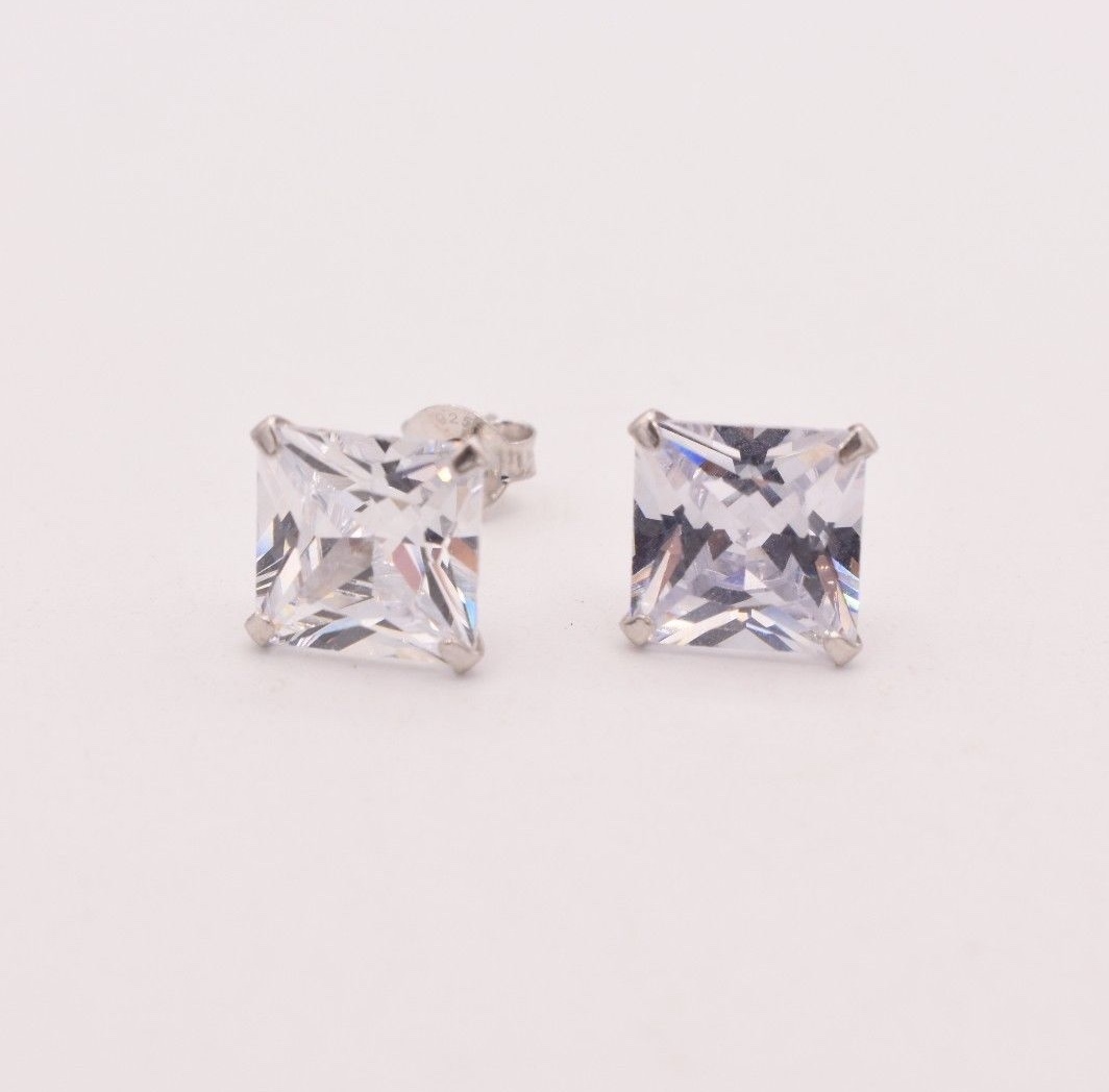 CZ Prong Set Princess Square Stud Earrings 14K White GoldPlated Silver
