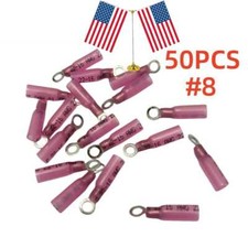22-16AWG 50PCS Red Heat Shrink Ring Terminals Crimp Wire Connectors 8 Stud US