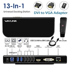 13-IN-1 USB 3.0 Type-B/A Docking Station Dual Monitor HDMI DVI 1000Mbps RJ-45