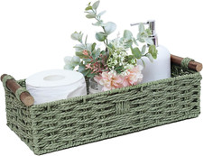 Sage Green Wicker Storage Basket Handmade Toilet Tank Organizer Bathroom Decor