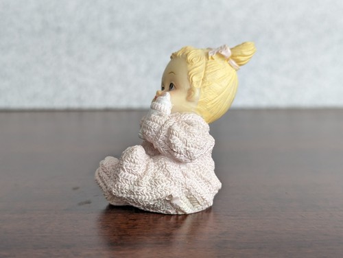 Baby Girl Figurine Textured Pink Winter Outfit Holding Bottle Bows Blonde - Picture 14 of 21