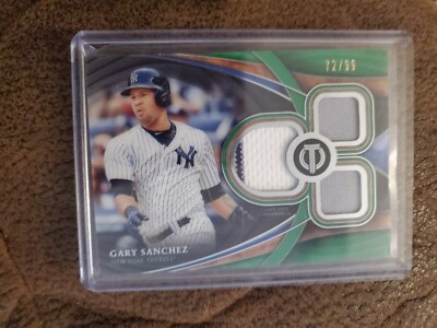 2018 TOPPS TRIBUTE TRIPLE RELICS GREEN PARALLEL GARY SANCHEZ #/99 YANKEES PADRES