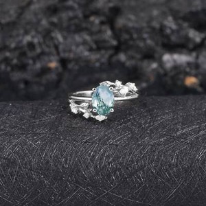 Authentic Nature Inspired Oval Moss Agate Engagement Ring 14K White Gold Plated Twig Ring