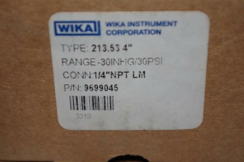 WIKA PRESSURE GAUGE # 213.53-4"   RANGE:  30in.hg / 30PSI   1/4"NPT  OIL FILLED - Picture 4 of 6