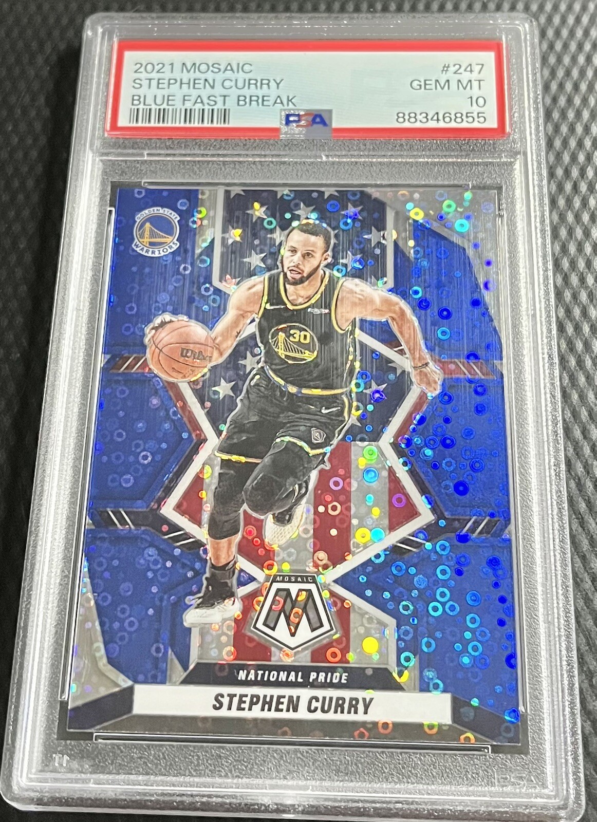 2021 Stephen Curry PSA 10 Panini Mosaic Blue Fast Break 19/85 Prizm #247