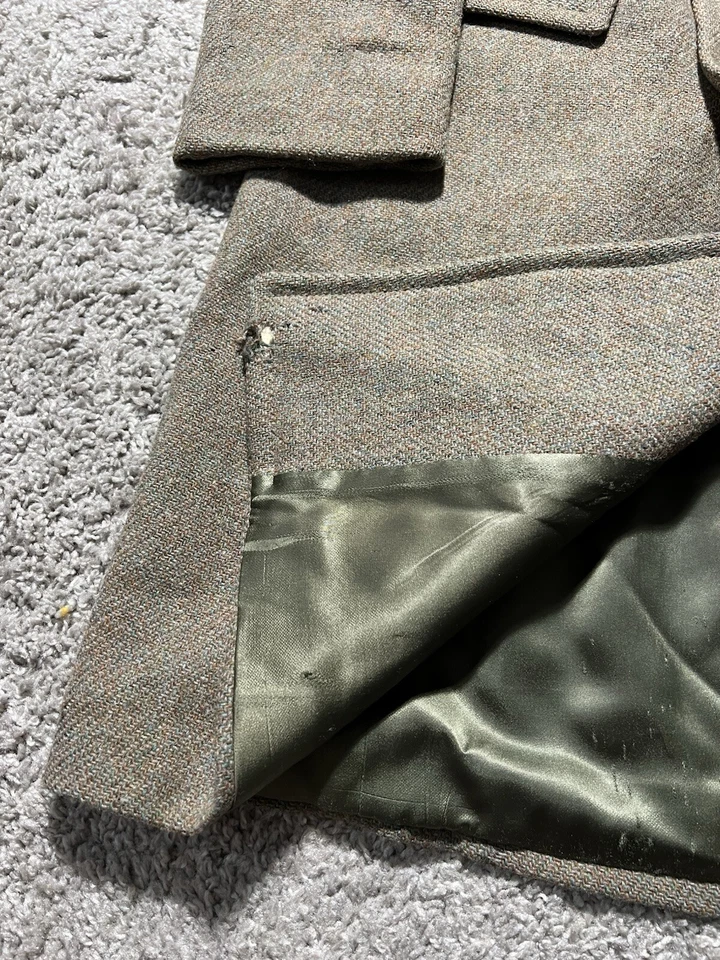 Vintage Harris Tweed Men 44 Brown Orange Blue Country Trench Coat Wool 70s - Image 3 of 4