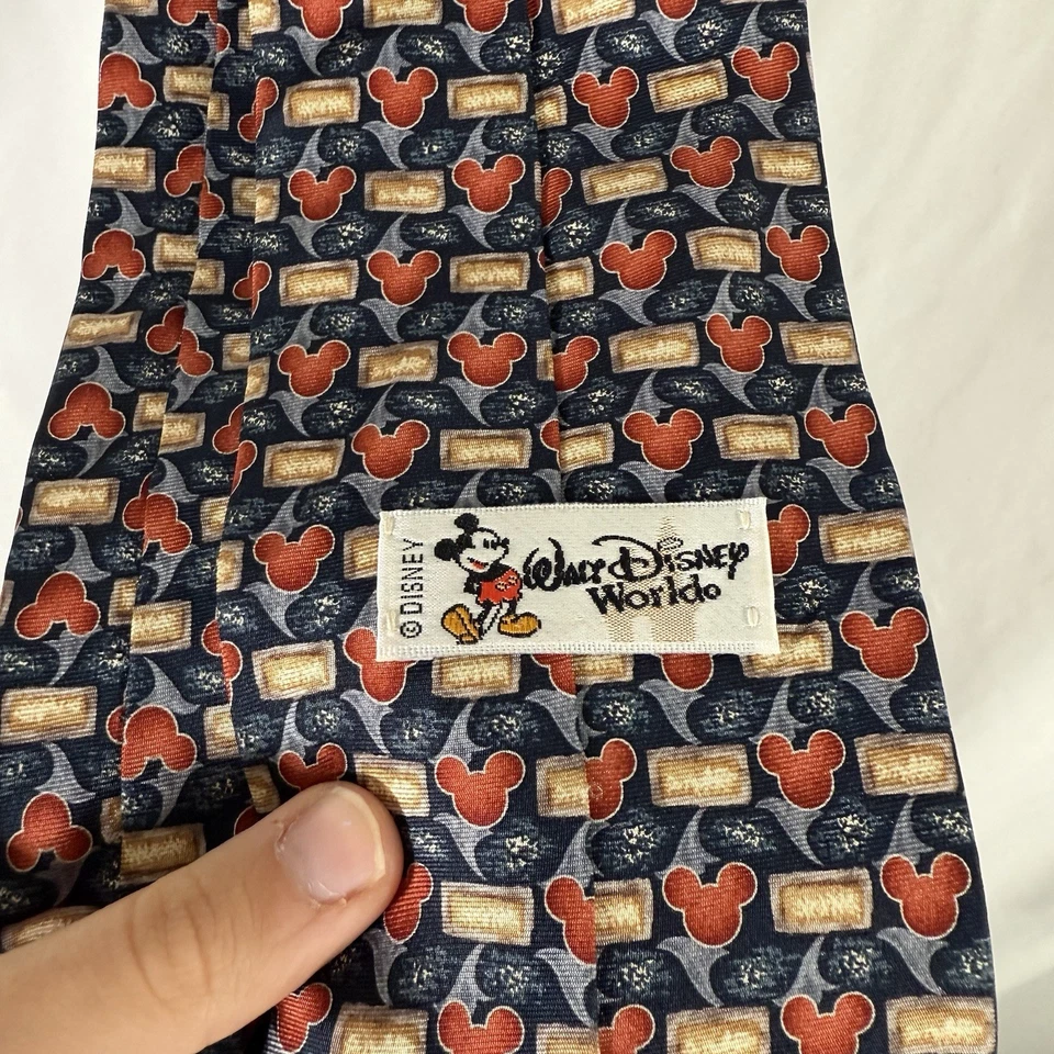Gravata masculina Walt Disney World 60" azul laranja estampa Mickey Mouse 100% seda 3,5 "W - Imagem 2 de 4