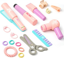17 Pcs Wooden Makeup Toy Set, Complete Beauty Salon Play Set with Hair Dryer, Cl