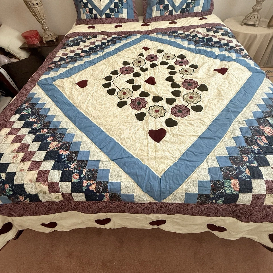 Conjunto de colcha vintage carícia rainha buquê completo de corações chalé núcleo feito à mão - Imagem 4 de 4