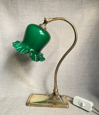 Antique 1910 Art Nouveau Brass Swan Neck Table Desk Lamp Green Glass Tulip Shade