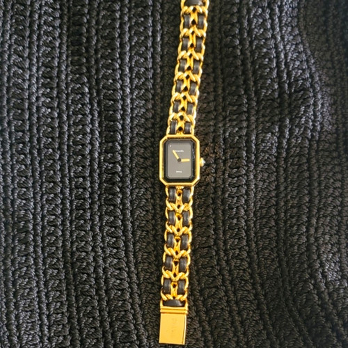 CHANEL Premiere Quartz Swiss Made Black Dial Gold Plated Rectangle Watch.