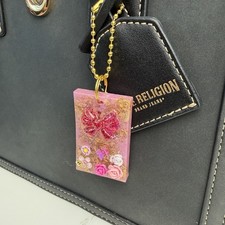 Handmade Resin Butterfly Floral Keychain Bag Charm Pink Glitter 2x1.5
