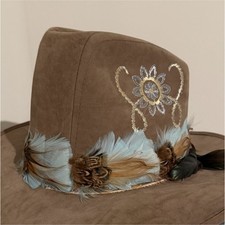 Boho Western Hat   Suede with Feather Band  Embroidered Size Small Made in USA