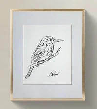 Original Ink Bird Drawing on Watercolor Paper_ Minimalist Art Signed by Artist