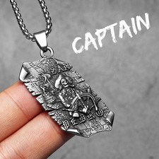 Gothic Men's Silver Pirate Captain Dog Tag Pendant Necklace Biker Jewellery Gift