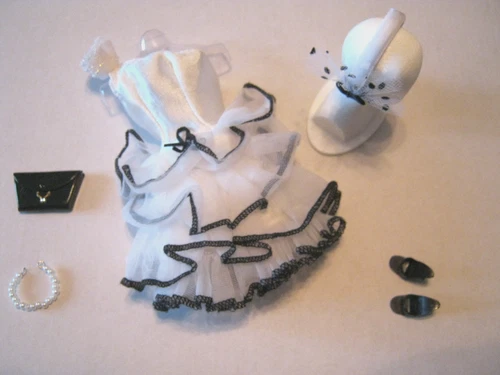 BARBIE FASHION CLOTHES ~ WHITE SATIN+TULLE w/BLACK TRIM OUTFIT w/ACCESSORIES SET