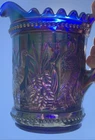 Vtg Cobalt Blue Dugan? Pitcher Carnival Glass Stork & Rush Iridescent 8” Tall