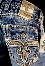 220 Mens Rock Revival Jeans "Pauly" Leather Insert Slim Straight 32 X 33