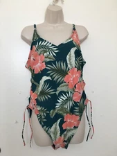 Kona Sol Women's Swimsuit One Piece Swimwear Green Floral Tropical Side Cinch...