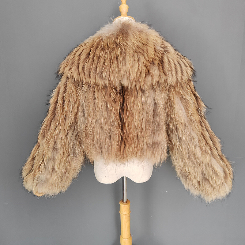 ALTRA Cappotto invernale donna corto collo pelliccia 100% vera pelo di procione marrone grigio